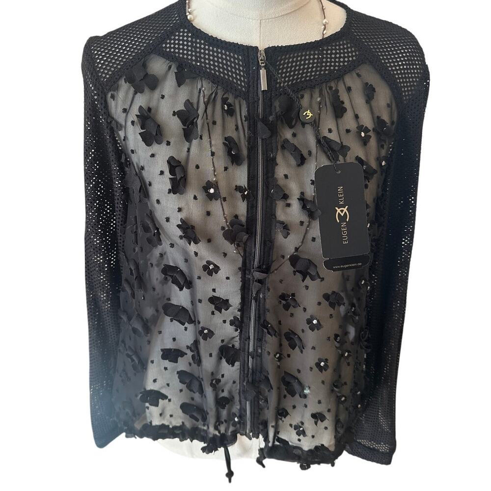 Eugen Klein Sheer Floral Mesh Zip-Front Blouse NWT Textured Overlay - Sz 12